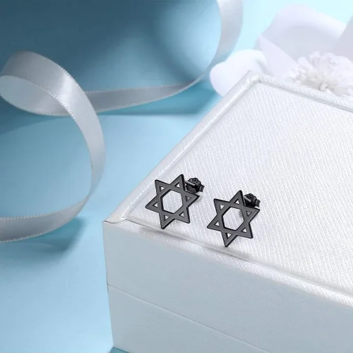 Vista 5 de Pendientes para mujer, diseño de estrella de Davidtriángulo geométricohexágono geométricotriskele celta en plata de ley, tono negro, pendientes