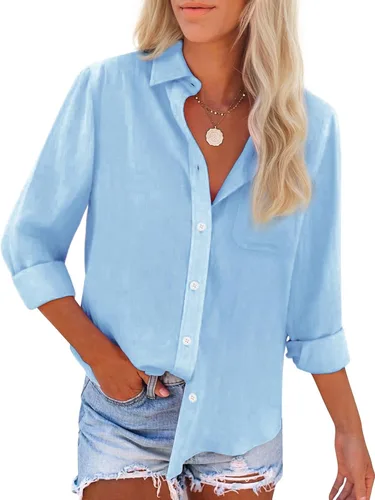 Vista 10 de Camisas de algodón con botones, para mujer, camisas de vestir Oxford, camisas de trabajo de manga larga, blusas con cuello y bolsillo