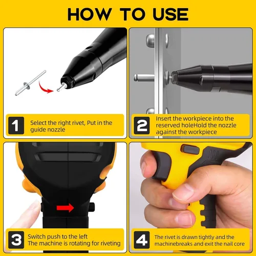 Vista 6 de Pistola de remache inalámbrica eléctrica compatible con batería Dewalt de 20 V máximo, (sin batería), kit de herramientas de remache inalámbrico sin