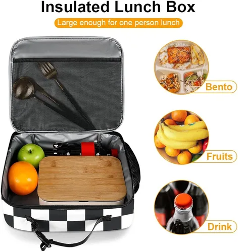 Vista 7 de Lonchera reutilizable con diseño a cuadros y negro y blanco con aislamiento, bolsa de almuerzo para comida y comida, bolsa de mano para mujeres