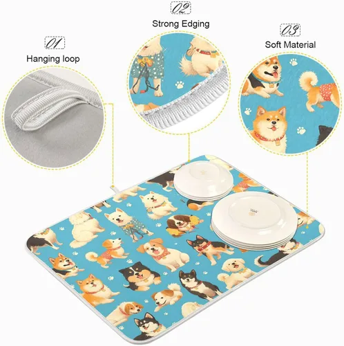 Vista 4 de Wfrish Tapete de secado de platos para perros y cachorros, tapete de secado con lazo para colgar, tapete escurridor de platos absorbente, tapete