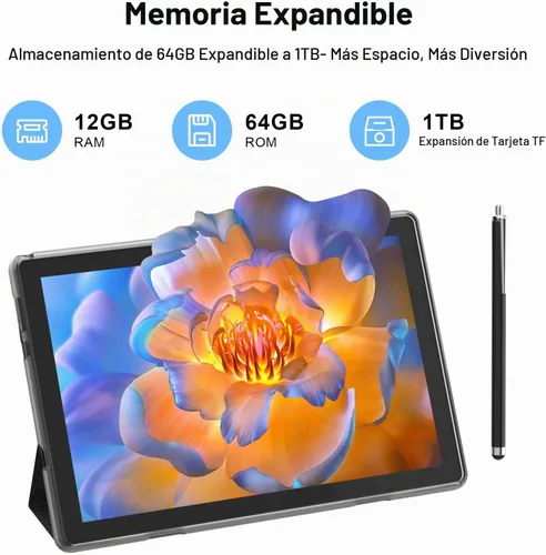 Vista 3 de HOTTABLET 10" Tableta Android 15 de 12 (4+8Expand) GB RAM+64GB ROM, cámara dual de 2+8MP, batería de 6000mAh (Tableta+estuche+lápiz capacitivo)