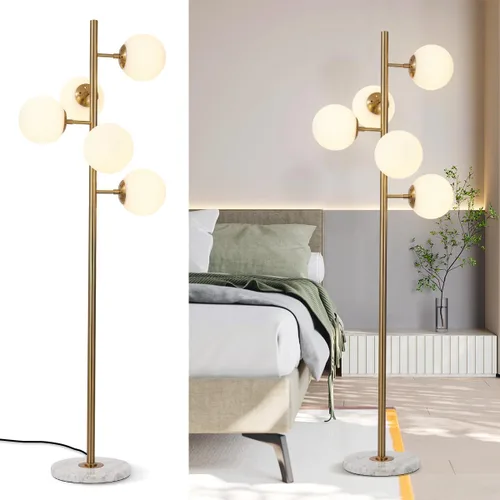 Vista 14 de KCO Lighting Five Globe - Lámpara de pie moderna de mediados de siglo, pantalla de vidrio de leche, acabado negro, base de mármol para sala de estar
