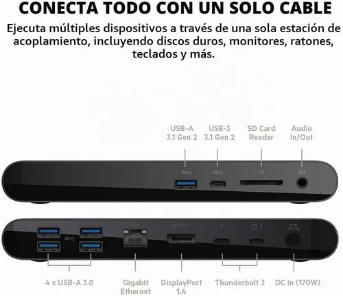 Vista 4 de Belkin Thunderbolt 3 Dock Pro con cable Thunderbolt 3 - Hub USB-C - Estación de acoplamiento USB-C para MacOS y Windows, 4K dual a 60Hz, velocidad
