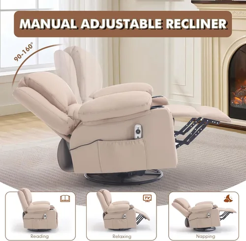 Vista 6 de Mecedora reclinable giratoria de piel sintética con portavasos para calor y masaje, silla mecedora con relleno, silla reclinable con calefacción