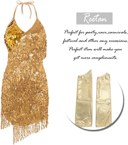 Vista 4 de REETAN Falda de vientre de moda con guantes de lentejuelas y borlas, vestido de baile, falda de baile rave, disfraz de rendimiento para mujeres