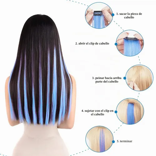 Vista 5 de Winsky Extensiones de cabello morado con clip – 100% cabello humano real de color para niñas, piezas de cabello de Halloween, 5 piezas/juego