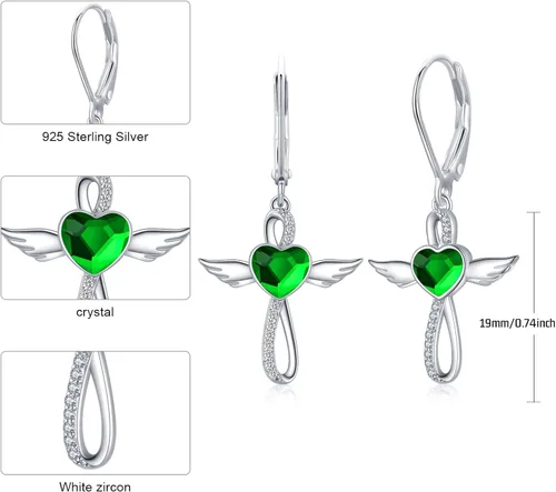 Vista 4 de Midir&Etain Lever Earrings 925 Sterling Silver Birthstone Angel Wings Cross Earrings Crystal Jewelry Birthday Gifts for Women Girls