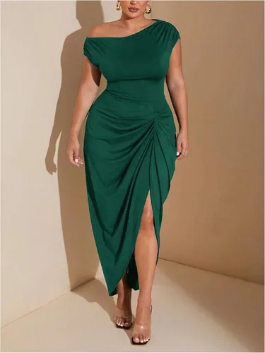 Vista 5 de Floerns Vestido de cóctel con cuello asimétrico y dobladillo fruncido para Verde oscuro