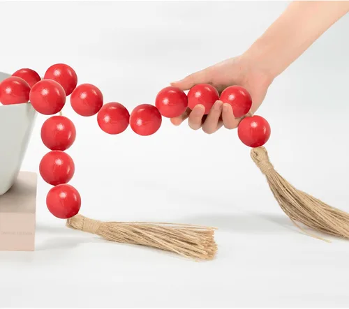 Vista 97 de OMISHE Guirnalda de cuentas de madera extra grande con cuentas de madera y borlas de 1.6 pulgadas de diámetro, cuentas decorativas rústicas de 41