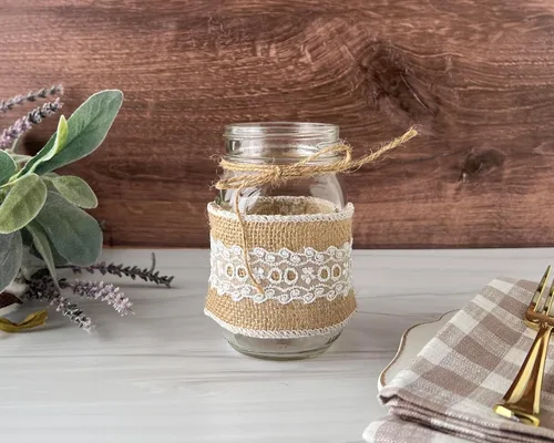 Vista 8 de Set of 12 Burlap and Lace Sleeves for Mason Jars, Sleeves and Twine ONLY, Jars NOT Included, Burlap Mason Jar Wraps, Shabby Chic Centerpieces for