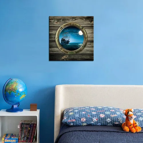 Vista 2 de Biuteawal - Lienzo con vista nocturna de luna llena, vista de ventana del océano, arte de pared, barco de vela, pintura de paisaje marino, obras