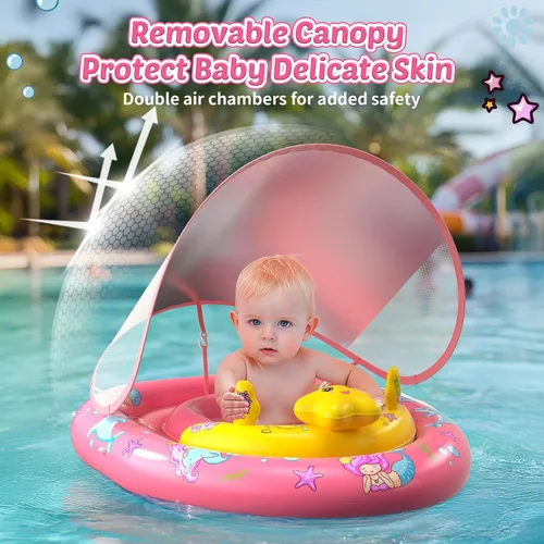 Vista 3 de Flotador de piscina para bebés con toldo UPF50+, flotadores inflables para piscina para niños, flotador de natación infantil con consola