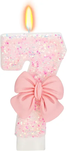 Vista 30 de Vela de cumpleaños para pastel, vela 0 - purpurina rosa con lazo, vela de feliz cumpleaños de 2.76 pulgadas, adorno superior de pastel para fiestas