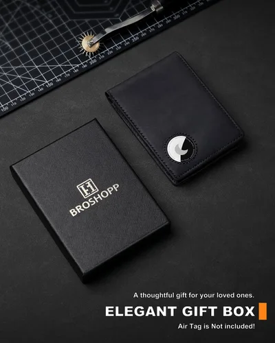 Vista 30 de Billetera AirTag para hombre, de piel auténtica plegable con bloqueo Rfid AirTag con ranuras para efectivo y ventana de identificación, compatible