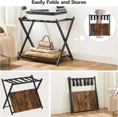 Vista 2 de HOOBRO Portaequipajes plegable, soporte para maleta con estante de almacenamiento de madera, soporta hasta 110 libras, 27.2 x 15.7 x 24 pulgadas