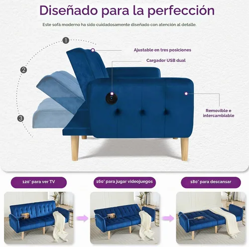 Vista 4 de TYBOATLE Sofá Cama Futón Plegable Convertible Moderno de Terciopelo de 65" de Ancho con 2 Puertos de Carga USB para Espacio de Vida Compacto, Sofás