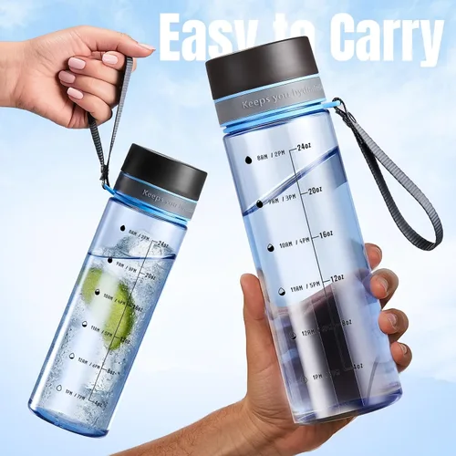 Vista 5 de Botella de agua transparente con medidas, plástico de boca ancha de 28 onzas Blue clear plastic water bottle for men with time markers, strap