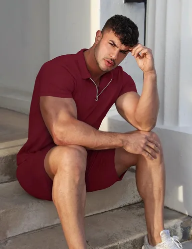 Vista 4 de URRU Conjunto casual de polo y pantalones cortos de manga corta para hombre conjunto de dos piezas conjunto deportivo con cremallera para hombre
