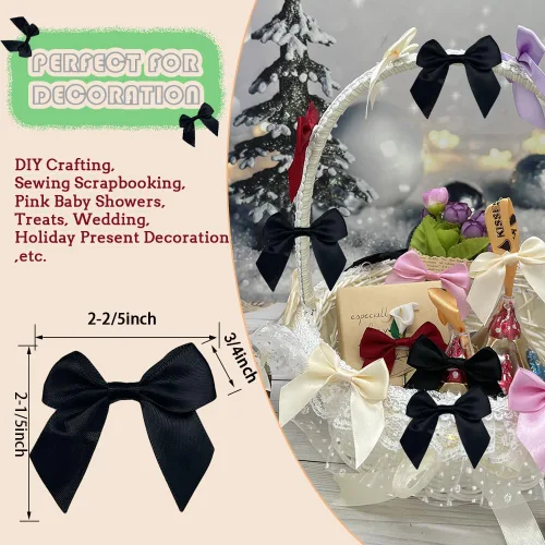 Vista 2 de CuteHook - Mini lazos de regalo de cinta de satén para manualidades, pequeño lazo adhesivo negro preatado para manualidades, costura, álbumes