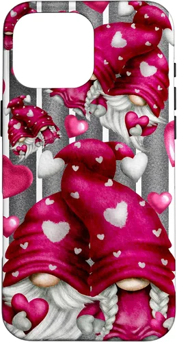 Vista 19 de Pink Heart Pattern On Grey Striped Decor Valentine Gnome Case for iPhone 17