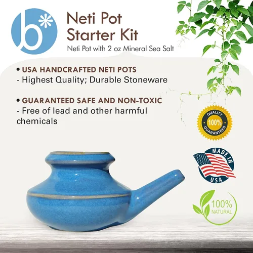 Vista 3 de Baraka Neti Pot de cerámica de Estados Unidos con sal marina mineral de 2 onzas, enjuague nasal salino para congestión estacional, descarga nasal