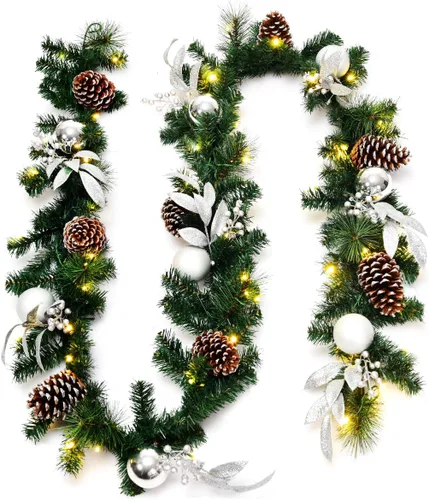Vista 9 de Goplus - Guirnalda de Navidad preiluminada de 2,7 m, guirnalda artificial con luces, funciona con baterías, con 140 PVC y agujas de pino, conos