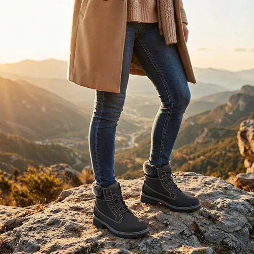 Vista 2 de Botas de invierno para senderismo en la nieve para mujer, botas de trabajo de combate marrones casuales, botas de tobillo antideslizantes con forro