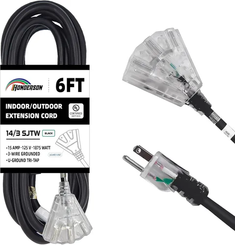 Vista 41 de Cable de extensión GFCI iluminado de 3 pies con 3 tomas de corriente, cable de extensión negro resistente SJTW 12/3 con enchufe a tierra de 3