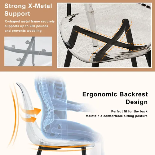 Vista 6 de Juego de mesa de comedor de vidrio Ebullient para 4, mesa de 51" de vidrio templado transparente con patas de metal negro y 4 sillas de acrílico