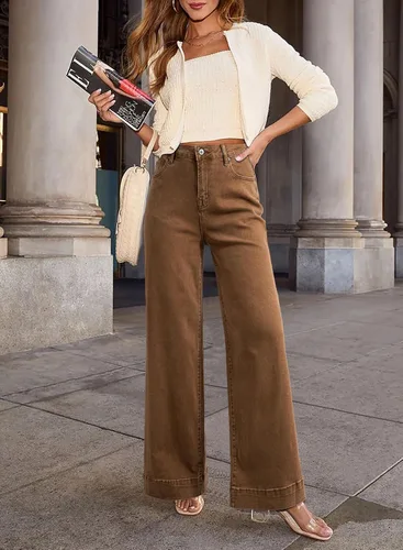 Vista 5 de Dokotoo Pantalones de mezclilla casuales de cintura alta para mujer Marrón