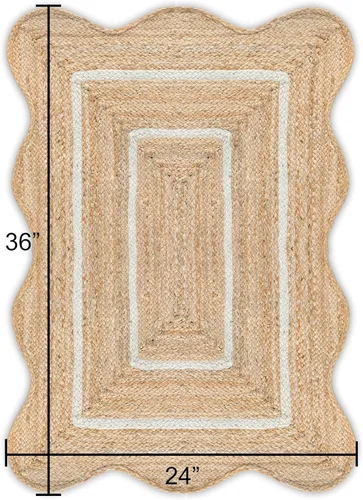 Vista 2 de Alfombra de yute natural ondulada con borde festoneado de Weaving Village, alfombra bohemia de yute para entrada, alfombra de pasillo estilo granja