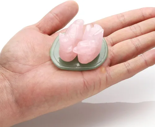 Vista 2 de Jovivi Figura de cuarzo rosa natural, patos mandarinas, Feng Shui, cristal de amor, pájaros en hoja de loto para amor y romance, (hombre y mujer)