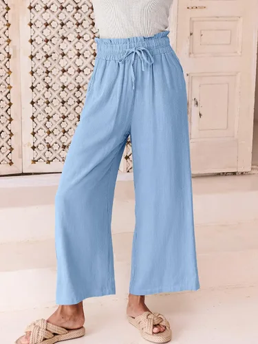 Vista 7 de ANRABESS Pantalones de lino para mujer, estilo casual, holgados, cintura alta, cordón de pierna ancha, pantalones capri palazzo con bolsillos