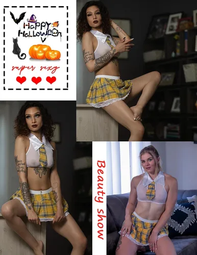 Vista 4 de Avidlove - Conjunto de lencería sexy para mujer, disfraz de colegiala con top, corbata y minifalda