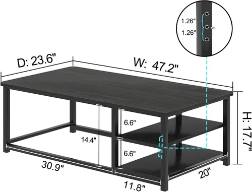 Vista 2 de EXCEFUR Mesa de centro negra, mesa de sala de estar de madera rústica con estante de almacenamiento, mesa central rectangular moderna, 47 pulgadas