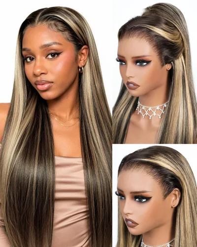Vista 19 de Arabella 20/Rubio Ceniza Ombre Pelucas de encaje frontal 5x6 de cabello humano, listas para usar, sin pegamento, pelucas de cabello humano