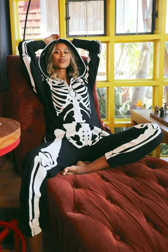 Vista 7 de Tipsy Elves - Disfraz de esqueleto de Halloween para mujer con estampado de espalda disfraz de esqueleto