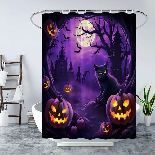 Vista 4 de Cortina de ducha de Halloween, espeluznante gato negro, calabazas aterradoras, luna llena, casa encantada, murciélagos, árbol muerto, cortina