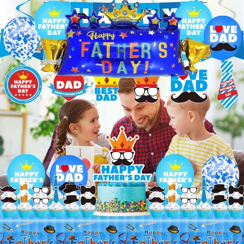 Vista 4 de Decoraciones de fiesta del día del padre, juego de suministros para fiesta del día del padre, incluyendo pancarta, remolinos colgantes, globos