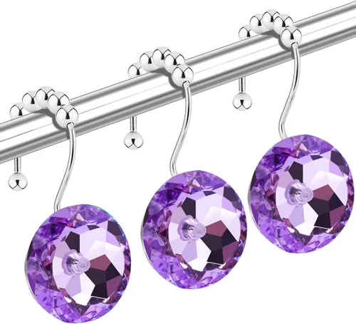 Vista 11 de Ganchos de cortina de ducha de cristal negro con diamantes para baño, 12 unidades, anillos de acero inoxidable plateados a prueba de óxido, colgador