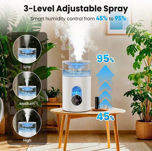 Vista 4 de Humidifiers for Bedroom Large Room Home - GloryAir 6L Quiet Top Fill Cool & Warm Mist Humidifier with Smart Humidity Control, Remote Control, White