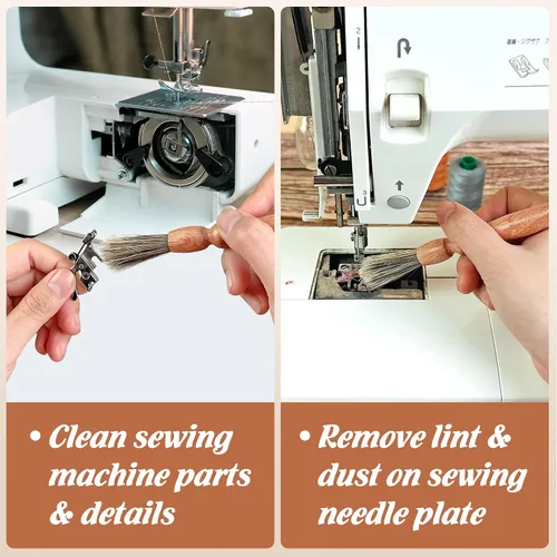 Vista 4 de Savina Cepillo de limpieza para máquinas de coser y sergers - Herramienta de coser, cepillo de pelusa de madera con una correa para colgar
