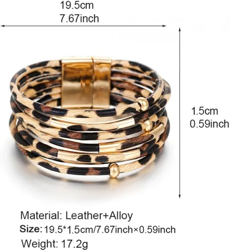 Vista 4 de Fesciory Pulsera de leopardo para mujer, pulsera de cuero bohemio multicapa con perlas de cristal