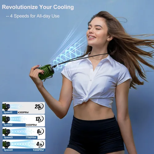 Vista 3 de Ventilador portátil 4 en 1 de cintura/cuello/escritorio con soporte para teléfono y luz LED Enfriamiento ultrarrápido de 10000 RPM, batería Verde