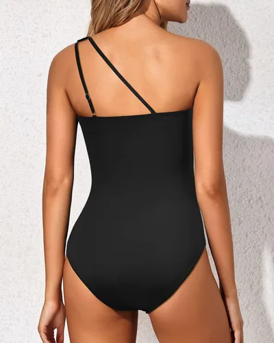 Vista 2 de Women's One Shoulder One Piece Tummy Control Swimsuit Full Coverage Diseño de ojo de cerradura, ajuste de cobertura completa, estilo modesto Negro