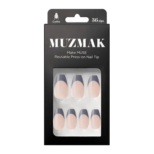 Vista 8 de MUZMAK Uñas postizas reutilizables a presión, color gris morado, uñas largas cuadradas a presión, uñas postizas de punta francesa morada
