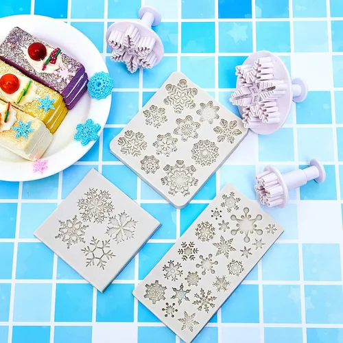 Vista 7 de Patelai 6 piezas Molde de silicona de copo de nieve 3D Molde de silicona de copo de nieve de fondant navideño para pastel, cupcake, chocolate