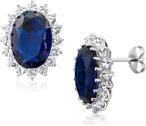 Vista 5 de Gem Stone King Juego de collar y aretes de plata de ley 925 con zafiro simulado azul