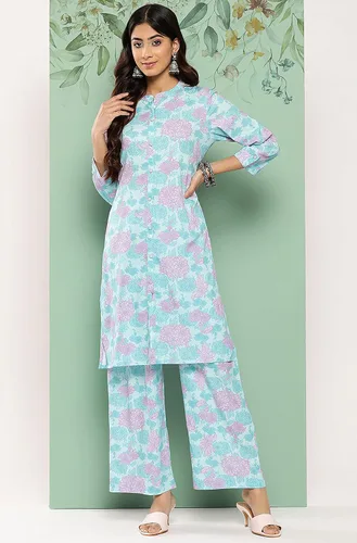 Vista 3 de Janasya Conjunto de coords con estampado digital de crepé azul cielo para mujer india